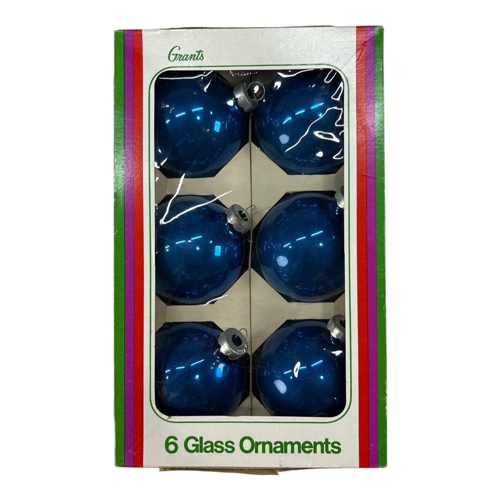 Vintage 2.5" Grants Christmas Shoppe 6 Blue Mercury Glass Balls Ornaments USA